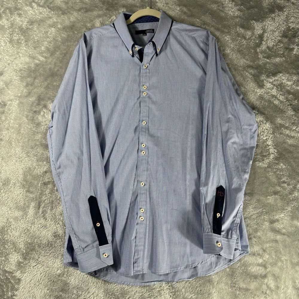 Harve Benard Button Down Dress Shirt Mens‎ L Blue Striped Oxford Office Casual